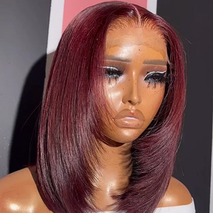 Glueless Layered Cut Straight Bob Lace Front Human Hair Wigs Ombre Highlight Colored Lace Frontal Wig