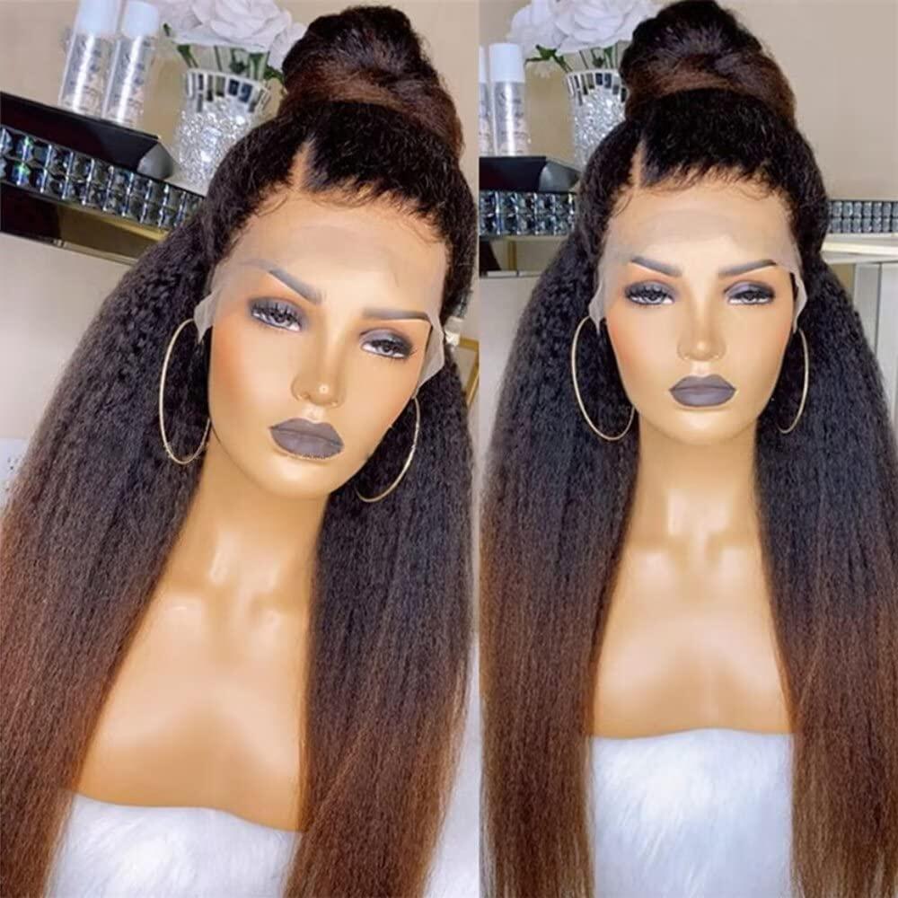 Black to Brown Ombre Kinky Straight 360 Skin Lace Frontal Invisi String Pre Everything Glueless Long Wig