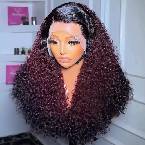 300% Density Ombre 99J Burgundy Curly Wigs Super Double Drawn Virgin Human Hair HD Transparent Lace Front Wigs Salon-Quality