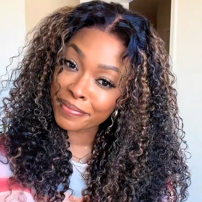 Curly Black Wig With Golden Brown Highlights Snugfit Glueless HD Lace Wig Huma Hair Pre-cut Pre-pluck Pre-bleached