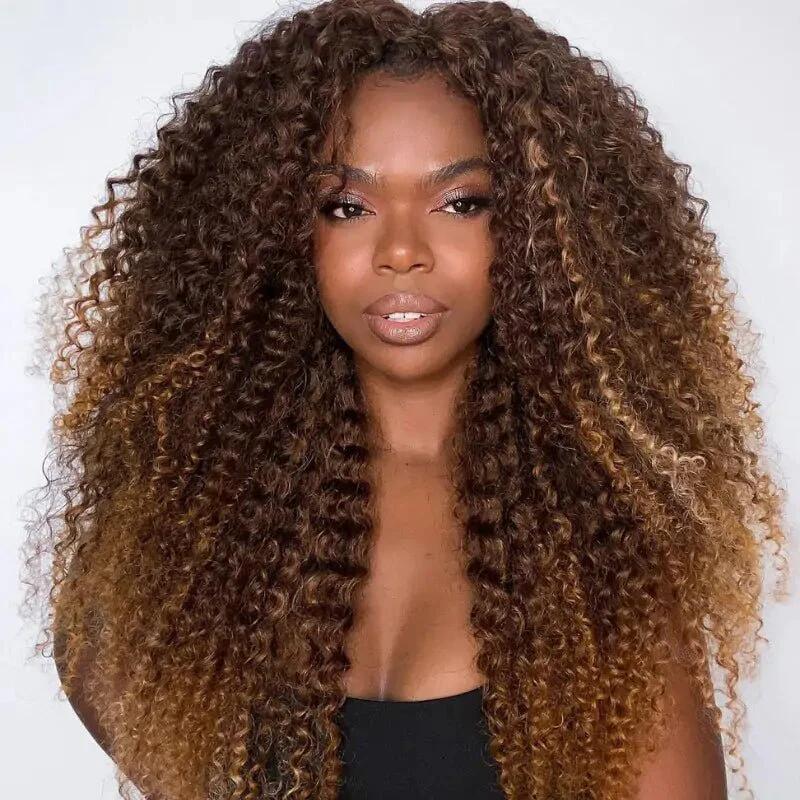 Curly Wig Ombre Auburn Brown 100% Human Hair 360 Skin Lace Frontal Invisi String Pre Everything Glueless Wig
