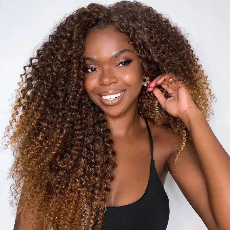 Curly Wig Ombre Auburn Brown 100% Human Hair 360 Skin Lace Frontal Invisi String Pre Everything Glueless Wig