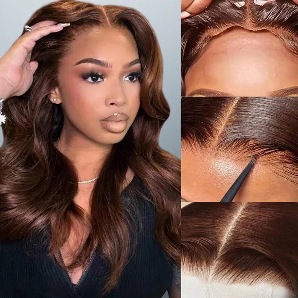 Body Wave #4 Chocolate Brown Glueless Wig 220% Density Pre-cut 8x5 HD Lace Wigs Ship In 24H