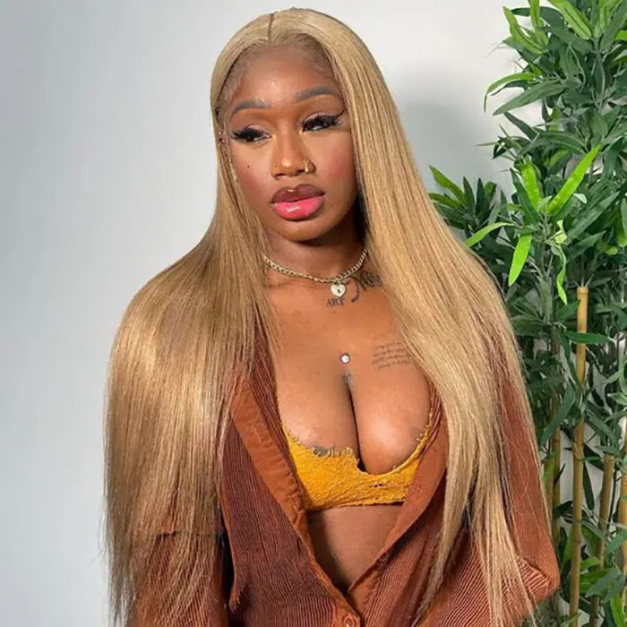 Honey Blonde 4x4 HD Lace Closure Wigs Natural #27 Brown Glueless Human Hair Wigs