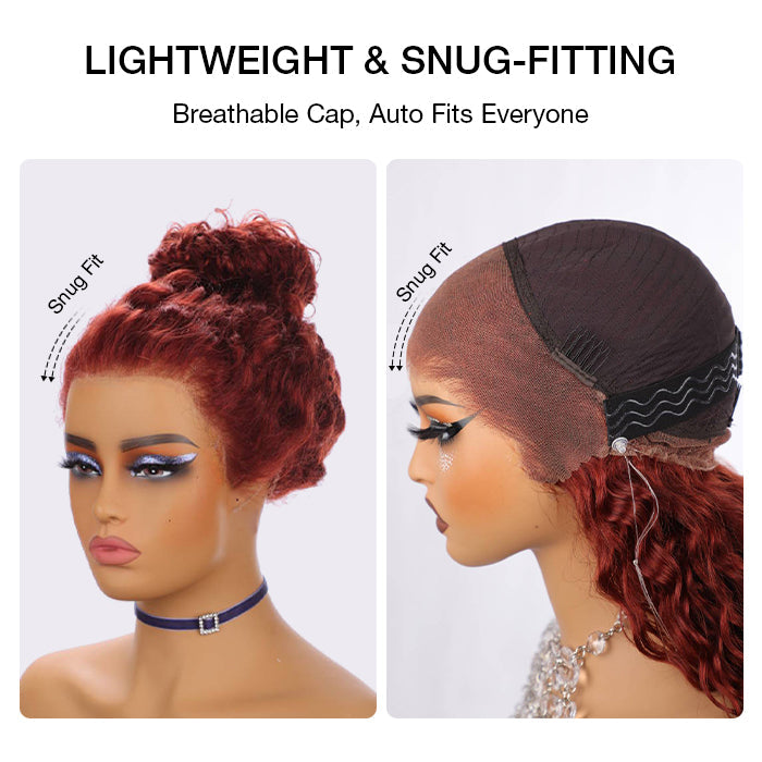 #33 Reddish Brown Water Wave Invisi-Pull String Snug Fit 360 HD Lace Frontal Pre-Cut & Pre-Plucked Glueless Wig