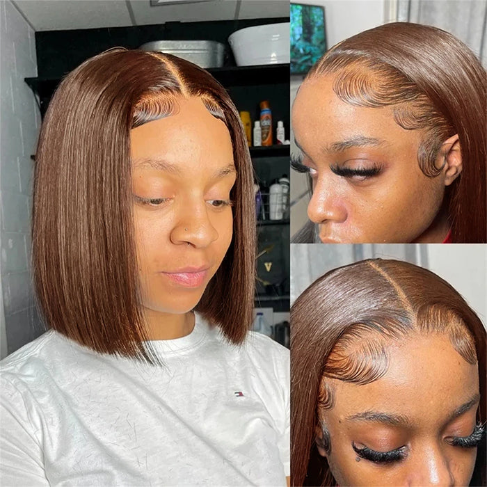 #4 Chocolate Brown Short Bob 4x4/5x5 Lace Closure Wig Human Virgin Hair 220% Density
