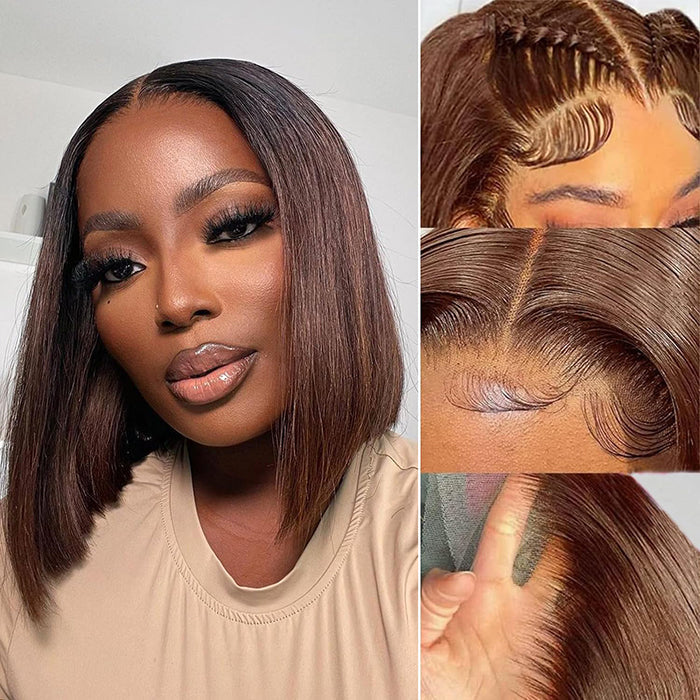 #4 Chocolate Brown Short Straight Bob 13x4/13x6 Lace Front Human Hair Wig