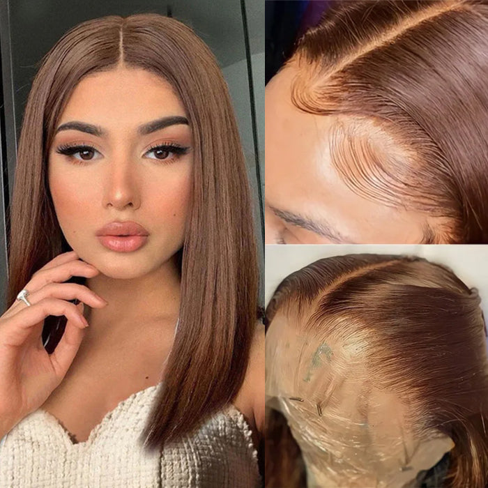 #4 Chocolate Brown Short Straight Bob 13x4/13x6 Lace Front Human Hair Wig