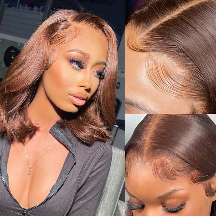 #4 Chocolate Brown Short Bob 4x4/5x5 Lace Closure Wig Human Virgin Hair 220% Density