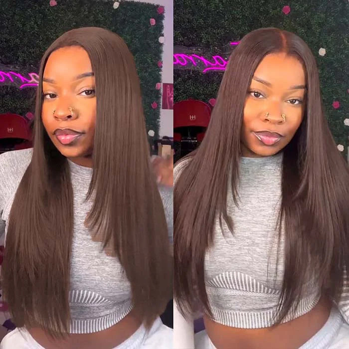 #4 Chocolate Brown Layered Cut Straight 13x4 HD Lace Front Wig Glueless Human Hair Wigs