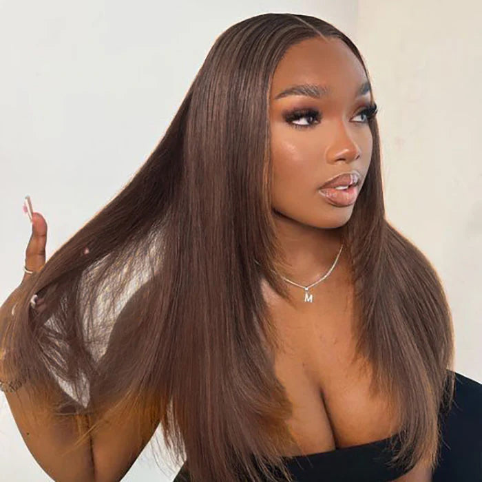 #4 Chocolate Brown Layered Cut Straight 13x4 HD Lace Front Wig Glueless Human Hair Wigs