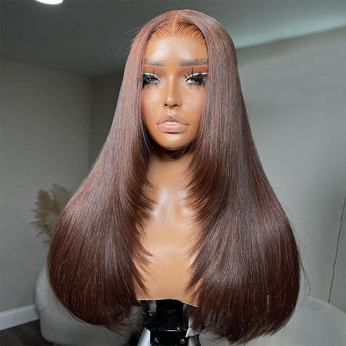 #4 Chocolate Brown Layered Cut Straight 13x4 HD Lace Front Wig Glueless Human Hair Wigs
