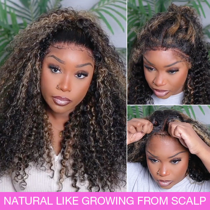 Glueless 4C Edges Blonde Highlight Curly 13x4 HD Lace Front Wig 100% Human Hair Pre Plucked Natural Hairline