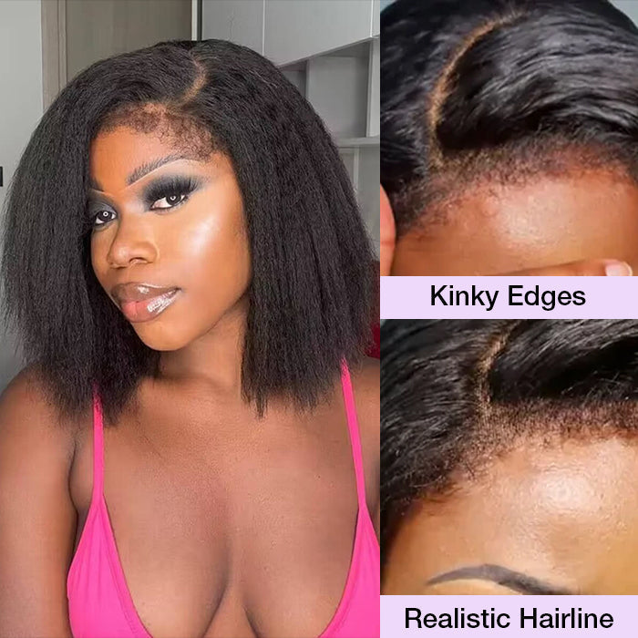 4C Edges Hairline Kinky Straight 8×5 Pre-bleached Knots Natural Scalp 220% Density Short Bob Wig