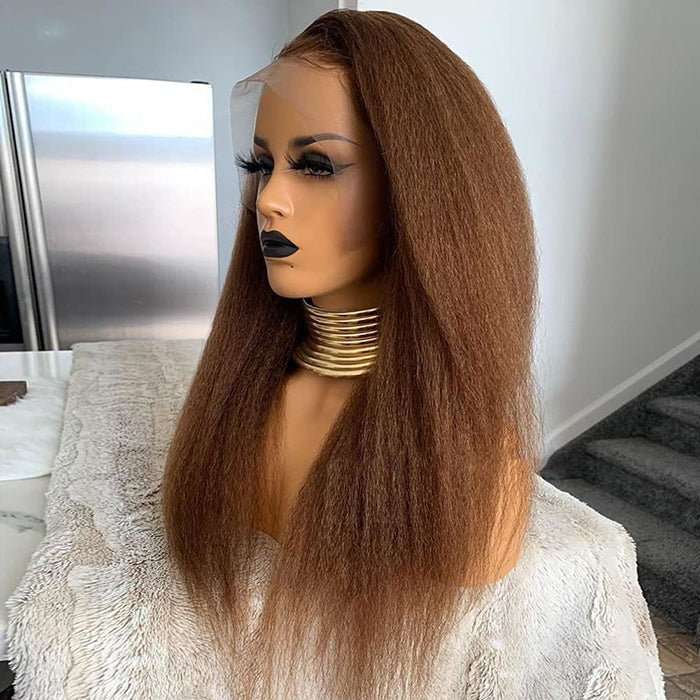 Brown Colored Kinky Straight Invisi String Snug Fit 360 Melting Lace Frontal Glueless Wig Human Hair