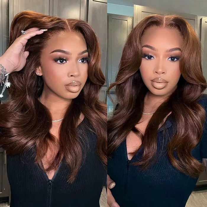 Chocolate Brown #4 Curtain Bangs 13x4 HD Lace Front Body Wave Glueless Human Hair Wigs