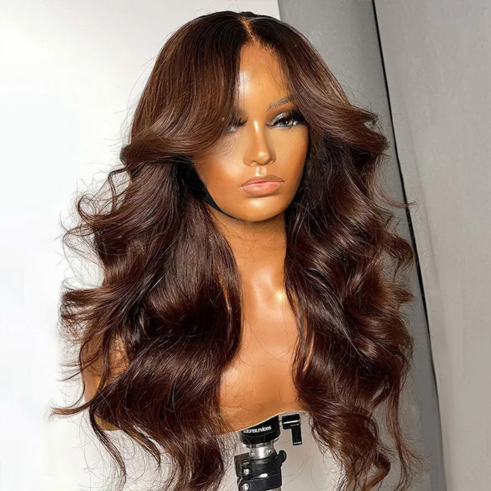 Chocolate Brown #4 Curtain Bangs 13x4 HD Lace Front Body Wave Glueless Human Hair Wigs