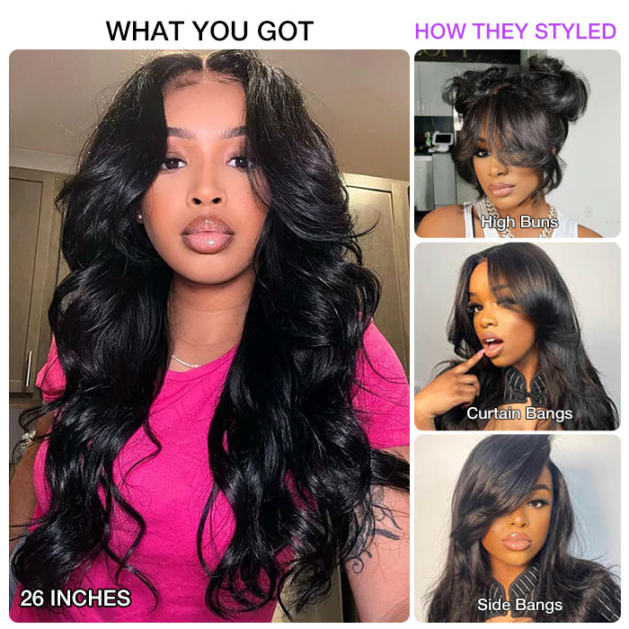Body Wave Curtain Bangs 8x5 Glueless HD Lace Closure Wig and 13x4 Frontal Wig Put On And Go
