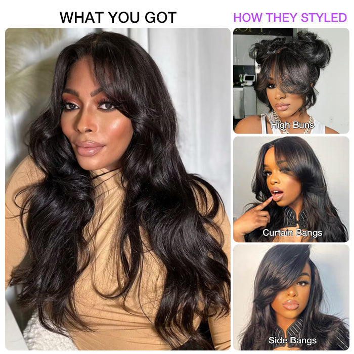 Curtain Bangs Loose Body Wave Wig Glueless 8x5 13x4 HD Lace Front Wigs 250% Density All Head Sizes Fit Cap