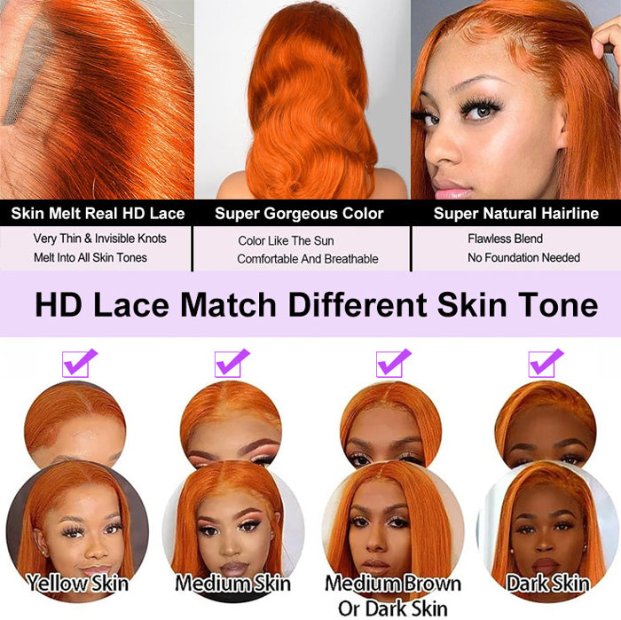 Ginger Color 13x4 HD Lace Front Wig Body Wave Colored Human Hair Wigs Pre Plucked Hairline