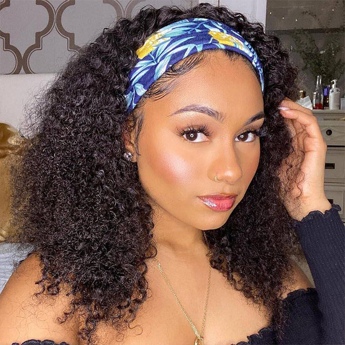 Curly Hair Headband Bob Wig Human Hair Half Wig 220% Density Glueless Human Hair Headband Wig