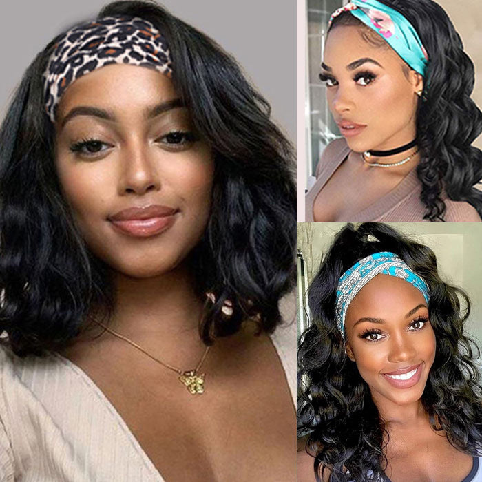 220% Density Body Wave Hair Headband Bob Wig Glueless Human Hair Half Wig