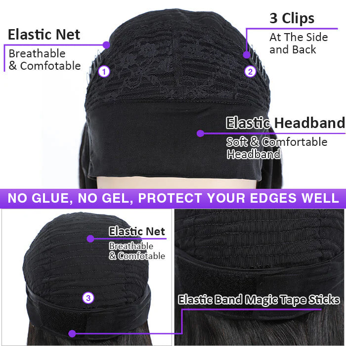 Headband Wig Straight Human Hair No Gel No Glue Silk Scarf Wigs