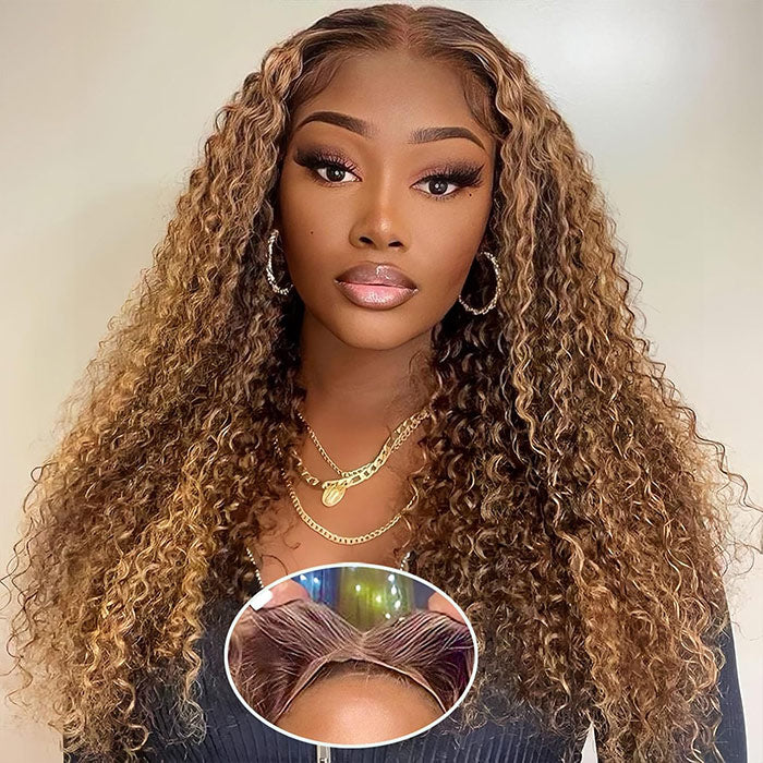 Highlight Curly Lace Front Wigs #4/27 Color Brazilian Remy Human Hair Wig Pre Plucked
