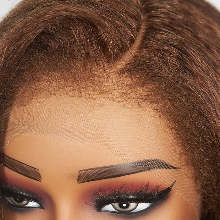 Glueless 4C Kinky Edges Hairline Kinky Straight Human Hair #30 Chestnut Brown Color 13x4/13x6 HD Transparent Lace Front Wigs