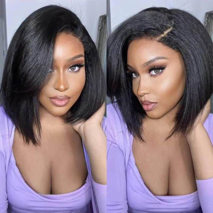 4C Edges Hairline Kinky Straight 8×5 Pre-bleached Knots Natural Scalp 220% Density Short Bob Wig