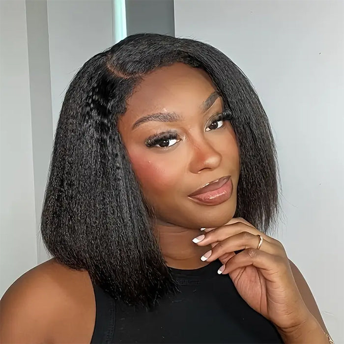 4C Edges Hairline Kinky Straight 8×5 Pre-bleached Knots Natural Scalp 220% Density Short Bob Wig