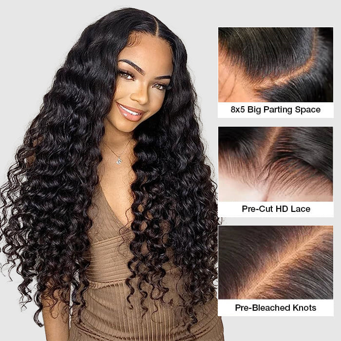 Deep Wave 8x5 HD Glueless Lace Wig Pre-Cut Pre Plucked Pre Bleached Wear Go Easy Wig Ship In 24H