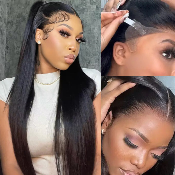 +$9.9 Get A Wig | Drawstring Cap Glueless 13x4 Frontal Lace Human Hair Wig Straight Pre-Cut Lace 220% Density