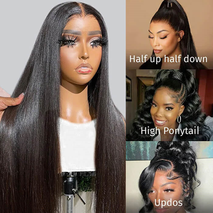 +$9.9 Get A Wig | Drawstring Cap Glueless 13x4 Frontal Lace Human Hair Wig Straight Pre-Cut Lace 220% Density