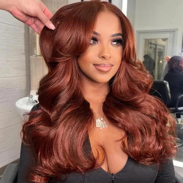 #33 Reddish Brown Curtain Bangs Wigs 13x4 HD Lace Front Human Hair Wig
