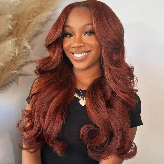 #33 Reddish Brown Curtain Bangs Wigs 13x4 HD Lace Front Human Hair Wig