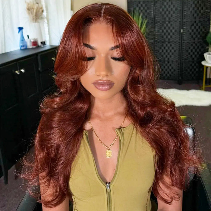 #33 Reddish Brown Curtain Bangs Wigs 13x4 HD Lace Front Human Hair Wig