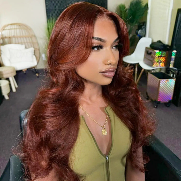 #33 Reddish Brown Curtain Bangs Wigs 13x4 HD Lace Front Human Hair Wig
