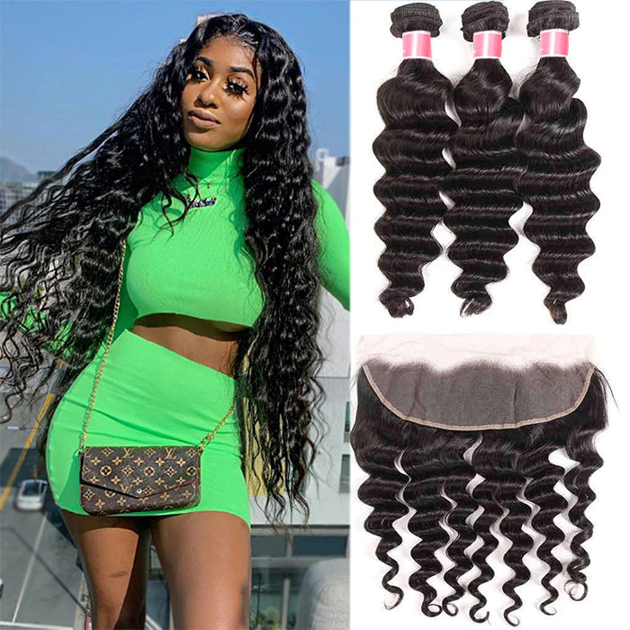 Malaysian Loose Deep Wave Virgin Hair Weave 3 Bundles With 13x4 Lace Frontal Ear To Ear