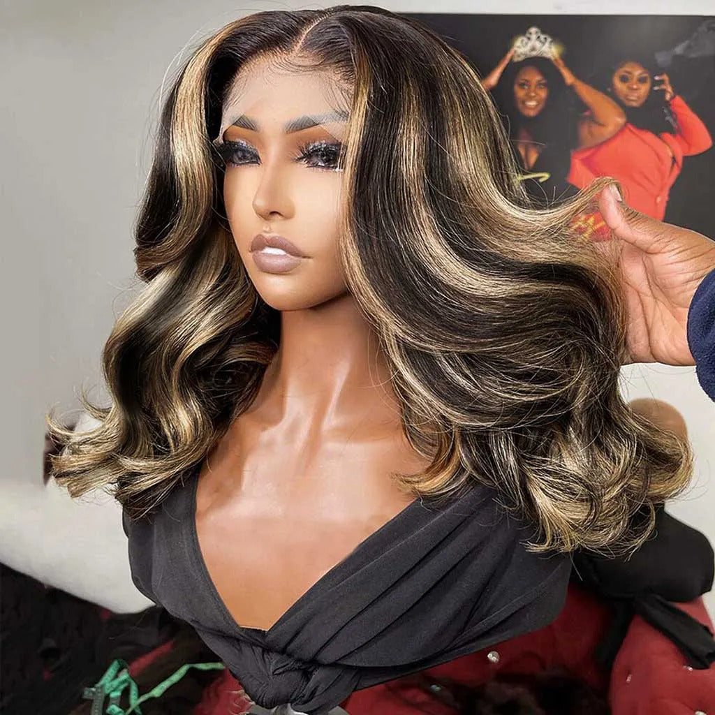 #1B/27 Blonde Highlight Body Wave 8x5 HD Glueless Lace Wig 100% Human Hair Pre Plucked  Natural Hairline 10A Quality