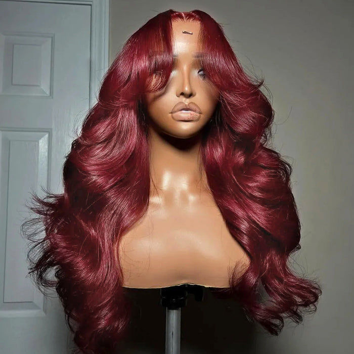 99J Burgundy Curtain Bangs Wigs Body Wave 13x4/13x6 HD Lace Glueless Wigs