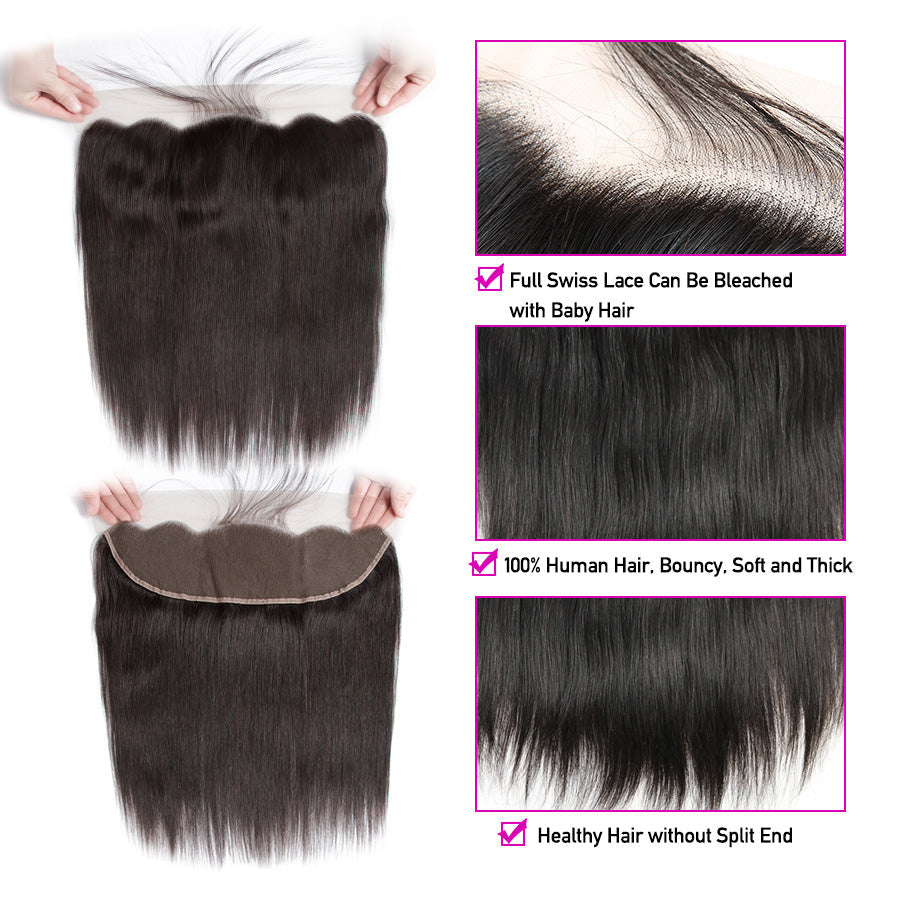 10A Grade Brazilian Straight Virgin Hair Weave 3 Bundles With Lace Frontal 13x4 Ear To Ear