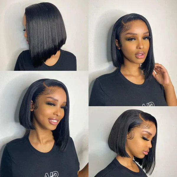 Asymmetrical Blunt Cut Bob Side Part Straight Glueless HD Lace Front Wigs 220% Density