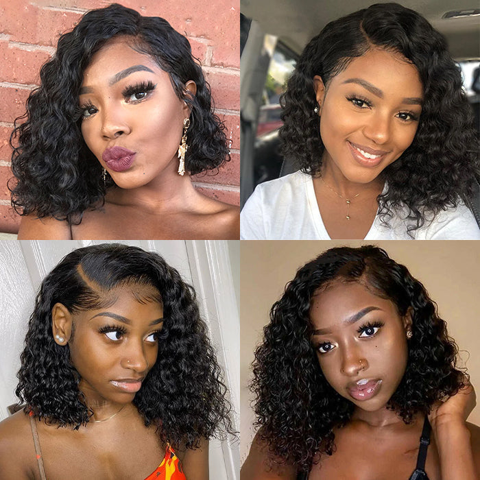 Glueless Asymmetric Side Part Bob Closure Wig Deep Wave 100% Human Hair 220% Density