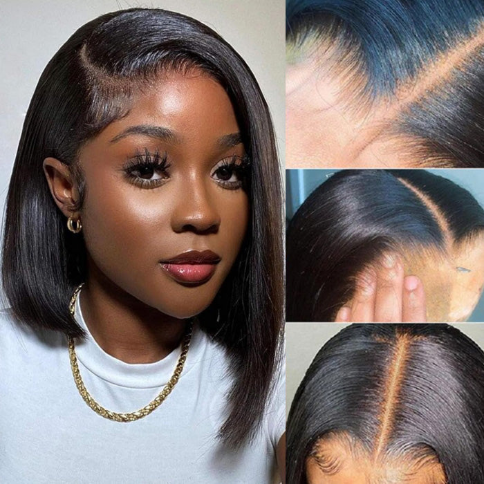 Asymmetrical Blunt Cut Bob Side Part Straight Glueless HD Lace Front Wigs 220% Density
