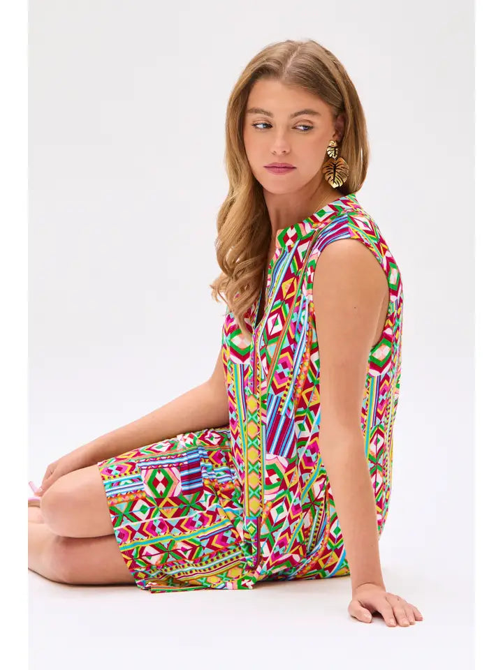 Dear Scarlett | Geometric Boho Sleeveless Mini Dress with Pockets