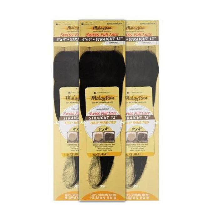Sensationnel Bare & Natural 100% Malaysian Virgin Remi Swiss Full Lace 4X4 CLOSURE STRAIGHT 12 Inch