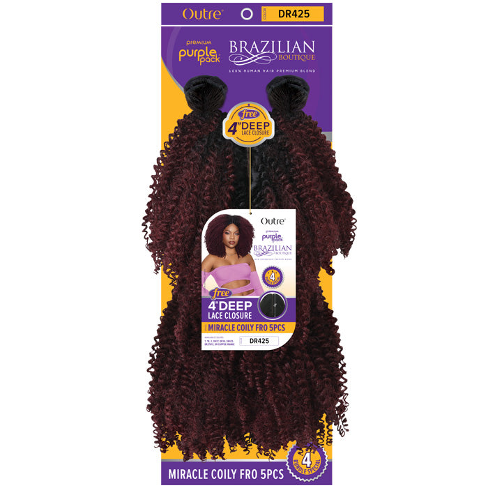 Outre Purple Pack Brazilian Boutique 100% Human Hair Blend Weave - MIRACLE COILY FRO 5 PCS + Free 4" Deep Lace Closure