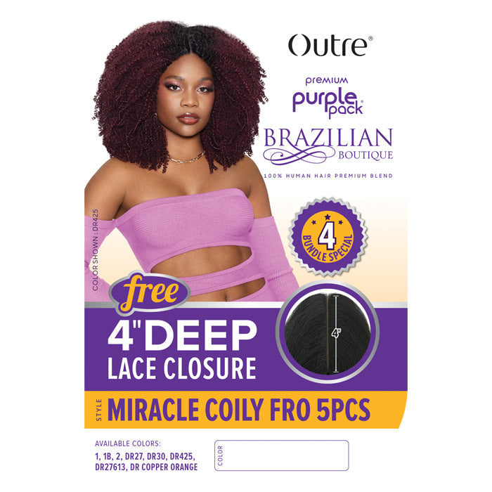 Outre Purple Pack Brazilian Boutique 100% Human Hair Blend Weave - MIRACLE COILY FRO 5 PCS + Free 4" Deep Lace Closure