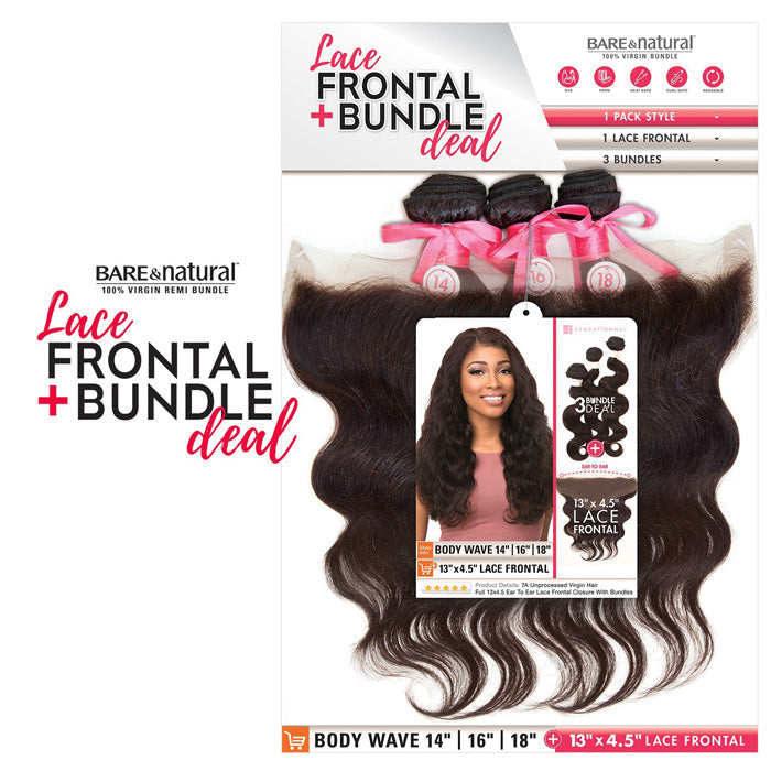 Sensationnel Bare & Natural 100% Virgin Remi Human Hair Weave 13x4.5" Lace Front Closure Bundle - BODY WAVE 10-22"